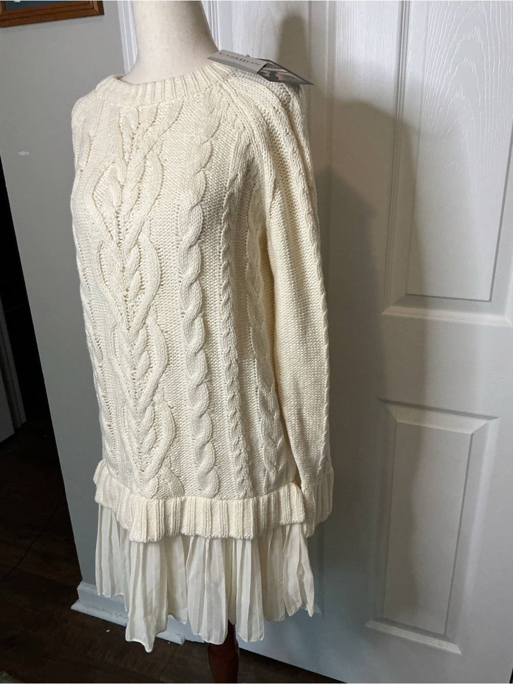 Cream Cable-Knit Long Sleeve Sweater Dress with Chiffon Hem